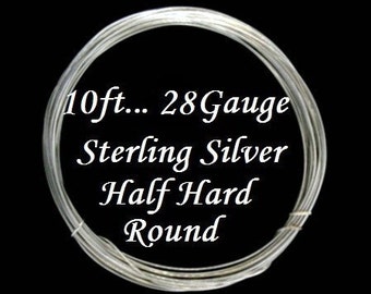 28 g gauge ga, 10 Ft, 925 Sterling Silver Round Wire, Half Hard