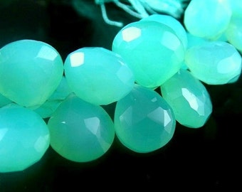 Chalcedony Briolette Heart  2 FOCALS,  Faceted Aqua Sea Mist  -10-13mm