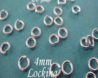 May include: A collection of silver-colored metal jump rings, each featuring a small gap for opening and closing. The text 20 gauge and 4mm Locking is visible, indicating the wire thickness and the diameter of these jewelry making components.