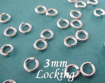 50 pcs, 22 gauge ga g, 3mm-Sterling Silver Locking Jump Ring, aka jump locks, 925 sterling silver