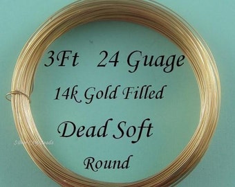 24 g gauge ga, 3Ft, 14k Gold Filled Round Wire, Dead Soft
