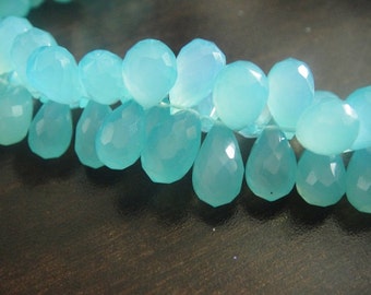 Chalcedony Briolettes,  Aqua Blue Teardrop Tear Drop Faceted Beads, AAA, 1 Matched Pair,  Brides, 8-9mm