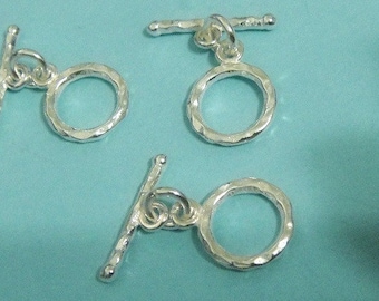 Sterling Silver Hammered Toggle,  925  Mini Round Clasp, Ring 9mm, Bar 14x1.5mm, 1 set