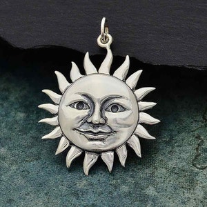 Sterling Silver Smiling Sun Pendant,  Large Charm, 31x24mm, Choose your options