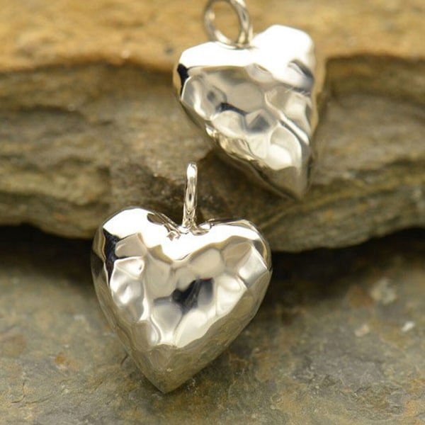 Sterling Silver Hammered Puffed Heart Charm 15x12mm