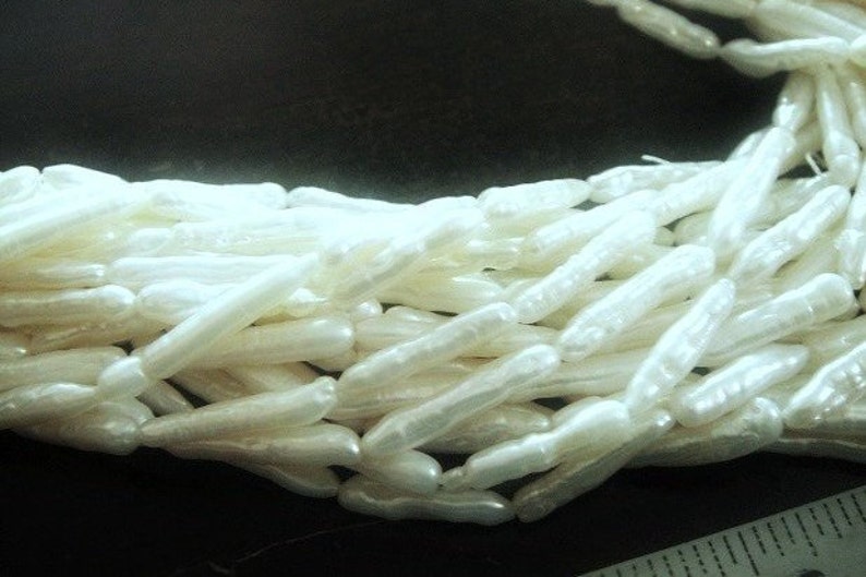 White Biwa Stick Pearl, Long Drilled Freshwater Pearls,  LUXE Bead 23-27MM long x 3-5mm wide approx, 1/2 Strand