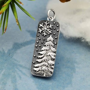 Sterling Silver Pine Tree Charm, Snowflake Pendant, Christmas Tree Charm, Snowy Holiday Jewelry Supplies, 30x10mm