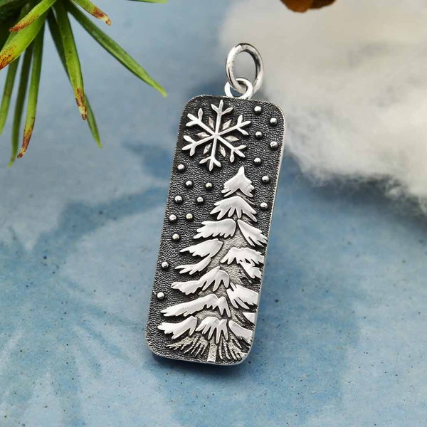 Sterling Silver Pine Tree Charm, Snowflake Pendant, Christmas Tree Charm, Snowy Holiday Jewelry Supplies, 30x10mm