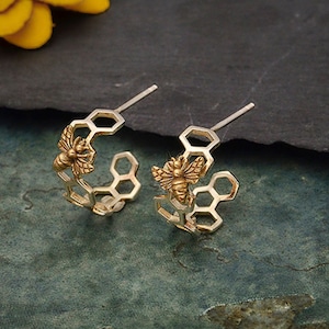 Sterling Silver Honeycomb Hoop Earring with Bronze Bee 17x15mm