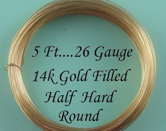 26 g gauge ga, 5 Ft, 14k Gold Filled Round Wire, Half Hard
