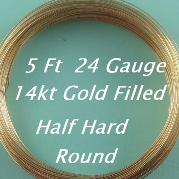 24 g gauge ga, 14k Gold Filled Round Wire,  Half Hard- 5 ft