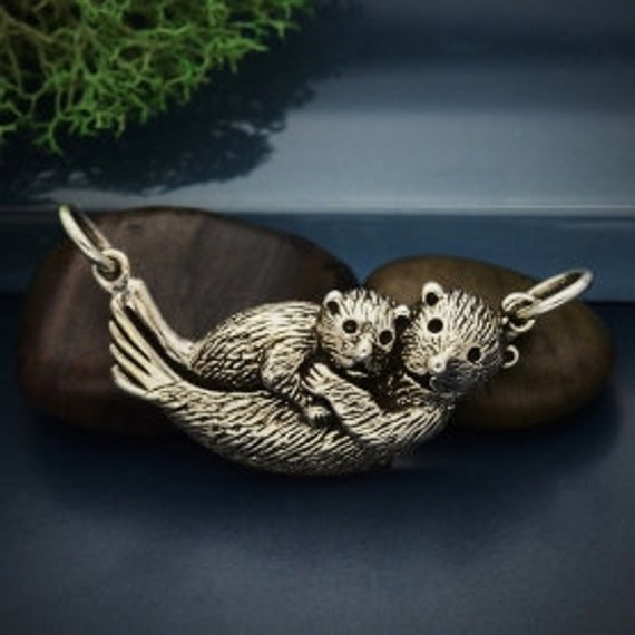 Sterling Silver Sea Otters Mama and Baby Pendant Festoon