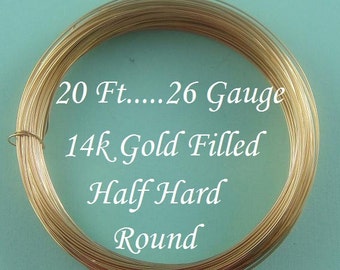 26 g gauge ga, 20 Ft, ,14k Gold Filled Round Wire, Half Hard