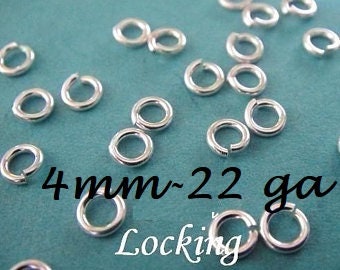 4mm Locking Jump Rings, 925 Sterling Silver Hard Snap, Jump Lock, Tempered Wire, 22 Gauge, Open