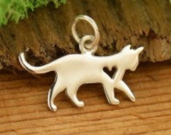 Sterling Silver Cat with Heart Cutout Charm, Pet Charm, Wholesale Charms, 13.5x17.5x1mm