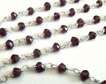 Garnet Rosary Chain, 925 Sterling Silver Chain, 1 Ft, High Quality, 3-3.5mm, Wire Wrapped Beads, Brides, Wholesale Chain