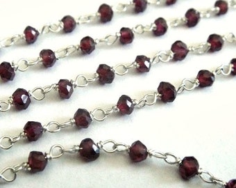 Garnet Rosary Chain, 925 Sterling Silver Chain, 1 Ft, High Quality, 3-3.5mm, Wire Wrapped Beads, Brides, Wholesale Chain