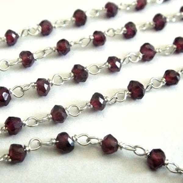 Garnet Rosary Chain, 925 Sterling Silver Chain, 1 Ft, High Quality, 3-3.5mm, Wire Wrapped Beads, Brides, Wholesale Chain