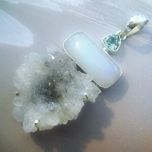 Stalactite Moonstone Pendant, Blue Topaz Charm, Natural Solar Quartz, 925 Bezel Set, Sterling Silver Bail and Prong Set, 65x34mm, NS09