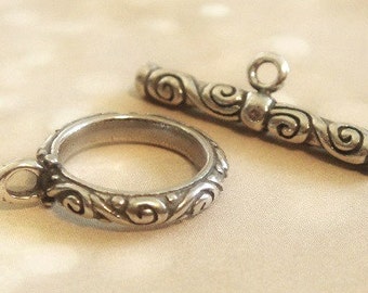 Sterling Silver Bali Toggle, Ornate Silver Clasp, Oxidized, 12.5 mm outer loop