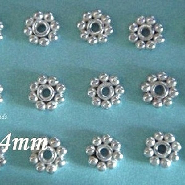 Sterling Silver Daisy Spacer Bead,  Bali 4mm Bright Spacers, 20 pcs