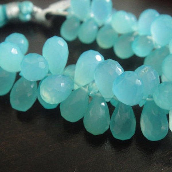 Chalcedony Briolettes,  Aqua Blue Teardrop Tear Drop Faceted Beads, AAA, 4 pcs FOCALS  7-9mm