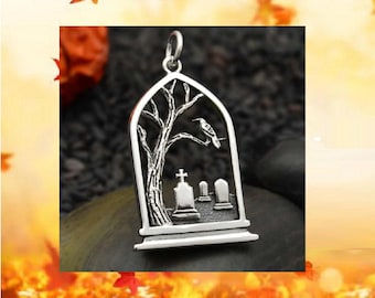 Sterling Silver Graveyard Pendant, Talisman, Grave Yard Halloween Charm, 29x17mm, Gothic Symbolic Jewelry Charms