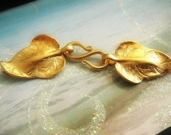 Gold Vermeil Leaf Clasp, Bali Leaf Hook  Clasp- 55x14 mm