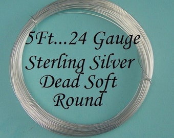 24 g gauge ga, 5 Ft, 925 Sterling Silver  Round Wire,- Dead Soft