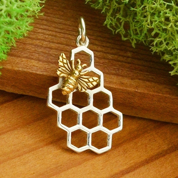 Sterling Silver Honeycomb with Bronze Bee Charm, 925 Sterling Silver Pendant,  20x15mm, 1 mm thick