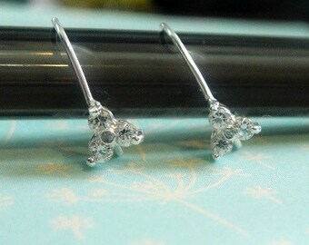 Sterling Silver CZ Ear Wires, 3 Cubic Zirconia Earwires with loop, 15.3x17.4mm, 1 PAIR, 20 ga wire