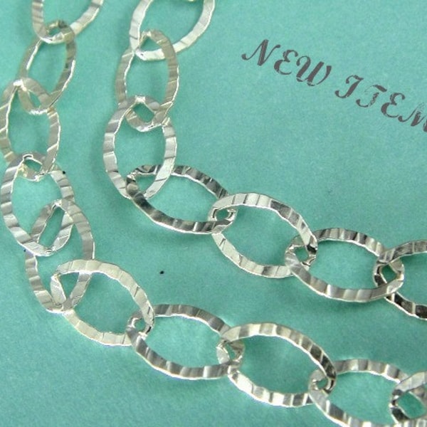 Sterling Silver Textured Oval Cable Chain, 2 ft 925 Flat Hammered, 8x5.5mm