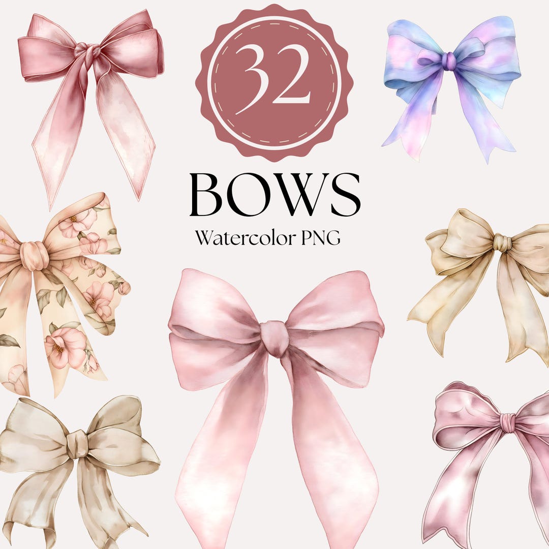 Coquette Bow Clipart Bundle, Watercolor Bows PNG, Pink Beige Ribbon ...