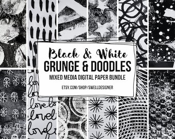 Black and White Grunge Doodles Digital Ephemera Download Bundle - 12 Papers for Mixed Media, Junk Journaling, Scrapbooking, and Collage