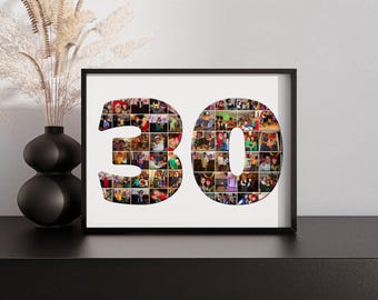 May include: A black framed photograph with a white background featuring a collage of photos in the shape of the number 30.
