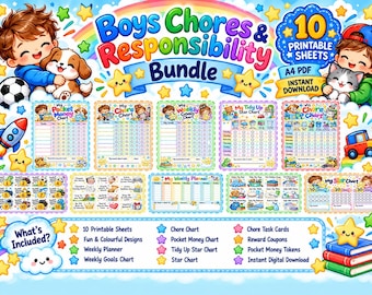 May include: A digital bundle of 10 printable A4 PDF sheets featuring colorful chore and responsibility charts for children. The collection includes weekly planners, star charts, pocket money trackers, and task cards decorated with cartoon characters.