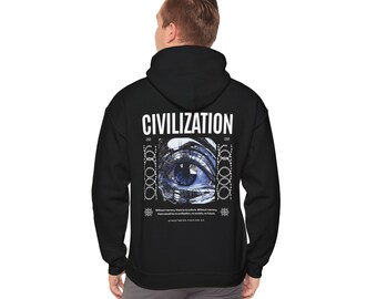 Sudadera con capucha de civilización moderna Sudadera con diseño de ojos futuristas Sudadera con capucha unisex negra
