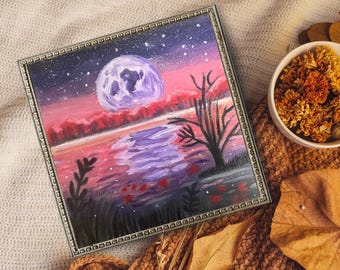 Vollmond Landschaft Gemälde Mystische Nacht Sternenklare Nacht 20x20cm Wand Kunst Geschenk
