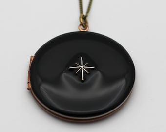 Vintage Locket Necklace · North Star Pendant · Custom Photo Lockets · Star Jewelry · Gift for Her · Gold Star · Black Enamel Necklaces