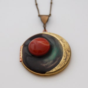 Vintage Locket Moon Crescent Moon and Sun Necklace Carnelian Jewelry Galaxy Lockets Space Stars Planet Outer Space Custom Personalize Photos