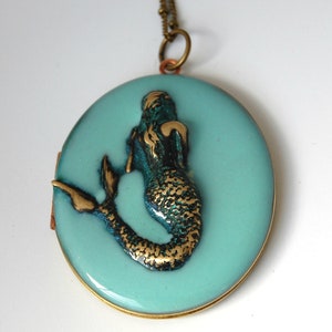Vintage Mermaid Locket Necklace Quote Jewelry Anais Nin Mermaids Turquoise Ocean Lockets Custom Photograph Personalized Gifts for Her Mom