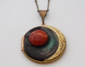 Vintage Locket Moon Crescent Moon and Sun Necklace Carnelian Jewelry Galaxy Lockets Space Stars Planet Outer Space Custom Personalize Photos
