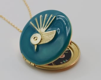 Hummingbird Locket Necklace · Turquoise Blue Enamel Jewelry · Birds Feathers Hummingbirds · Custom Photo in Locket · Unique Gift For Her