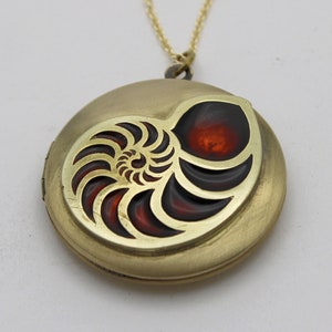 May include: A gold necklace with a brass locket featuring a red and black nautilus shell design.
