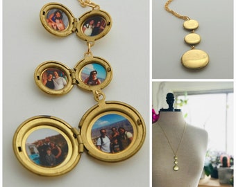 Collier médaillons vintage trio de médaillons trois médaillons en laiton long collier pièce unique tendance cadeau pour sa mère cadeau personnalisé photo de famille