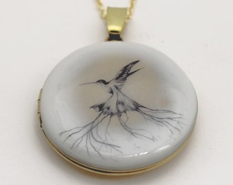 Hummingbird Roots Locket Necklace Birds Feathers Hummingbirds Necklaces Lockets Customized Layering Pieces Unique Gift Personalized Gift