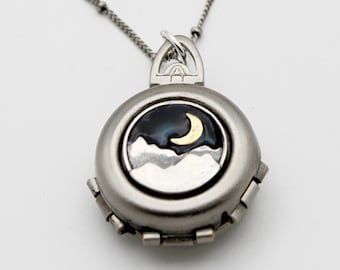 Crescent Moon Mountains Incredible Four-Way Locket Necklace Family Album Lockets Mourning Jewelry 4 Photograph Unique Gift Custom Sky Nature