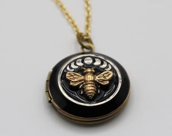 Locket Necklace Moon Phases and Bumblebee · Custom Photo Lockets · Moon Jewelry · Personalized Gifts For Her · Picture in Locket · Memorial