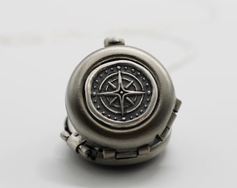 Silver Locket Necklace • Compass • Gift for Her • For Him • Personalized Necklace Gift • Jewelry Graduation •  Custom Portrait Gift • Star