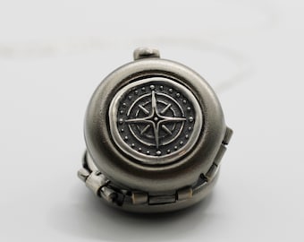 Locket Necklace Silver Compass · 4 Photo Lockets · Handmade Jewelry · Custom Photo Jewelry · Personalized Compass · North Star Charm · Gifts